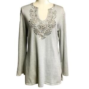 Dressbarn Women's Tunic Embellished Long Sleeve Metallic Gray Sweater‎ Petite XL